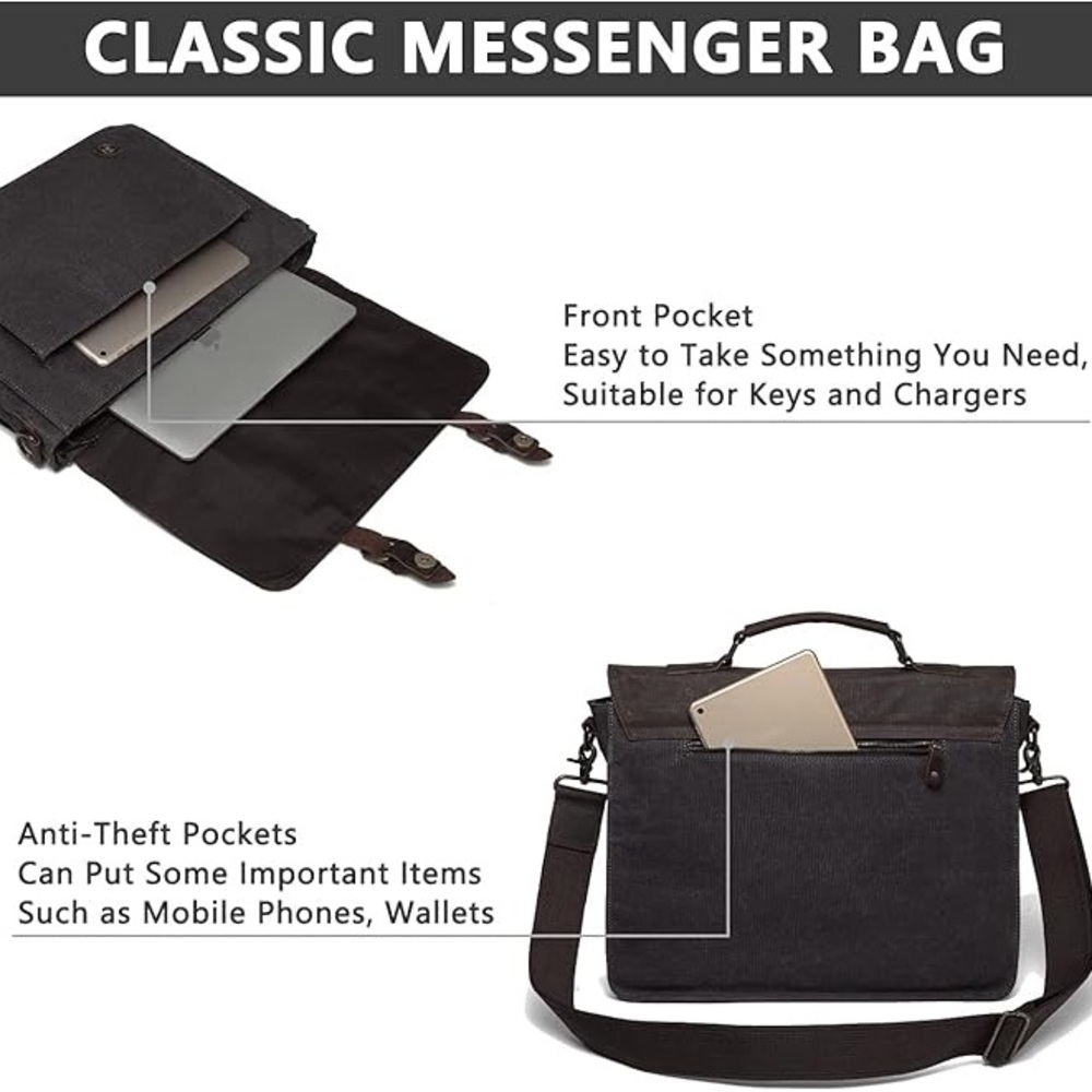 Kasqo Messenger Mens Vintage Waxed Canvas Water-Resistant Laptop Briefcase Bag - Picture 5 of 7